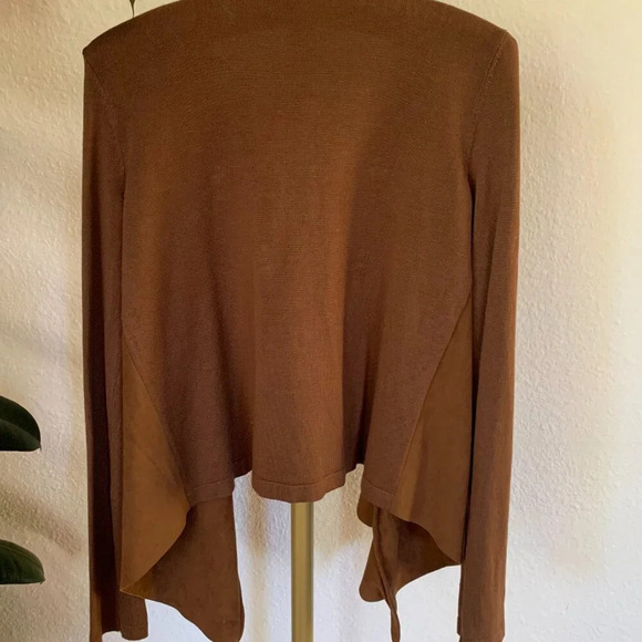 NWOT INC Petite Open Front Ruffle Cardigan Size S Brown Neutral Faux Suede Vegan - Picture 2 of 4
